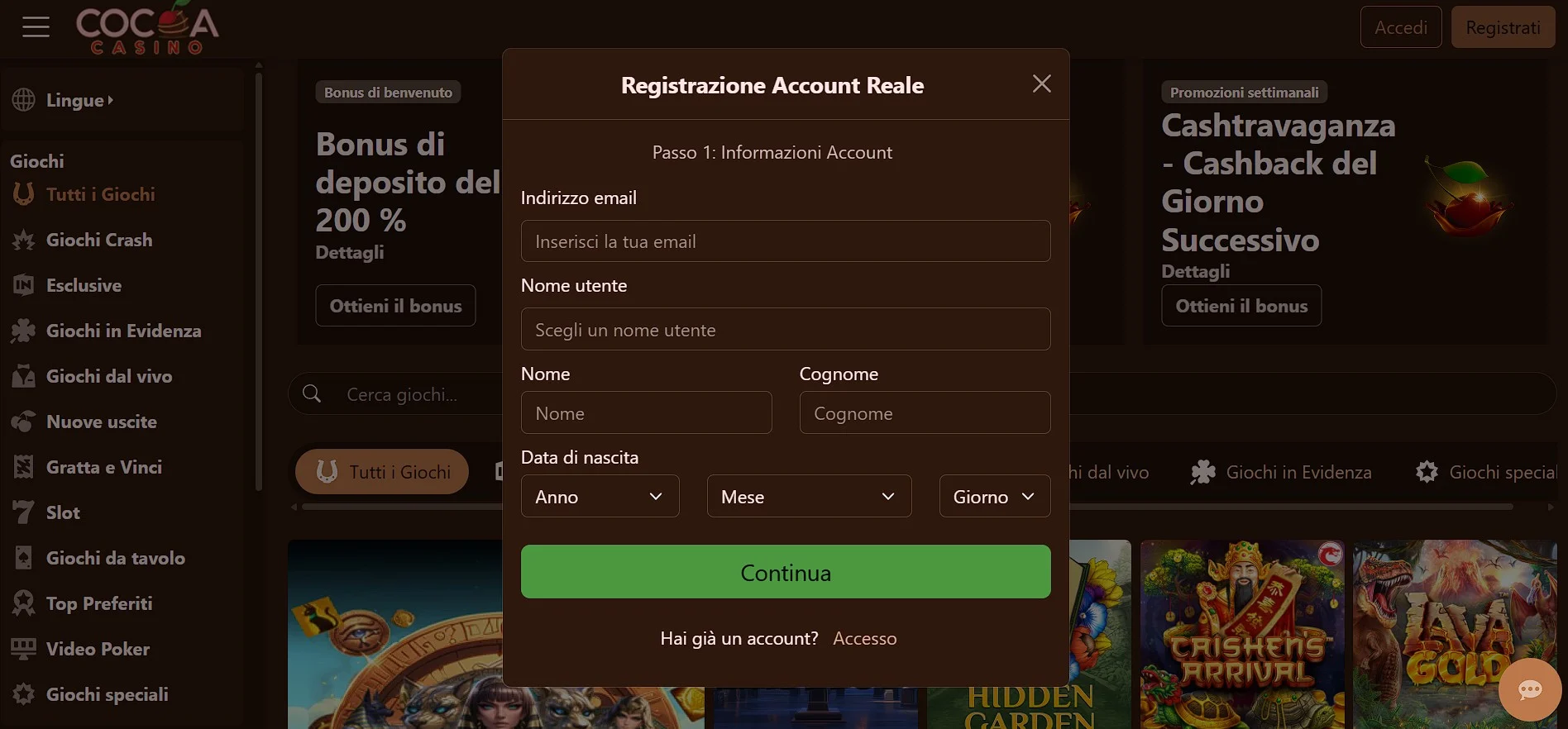 Schermata del bonus di benvenuto di Cocoa Casino per i giocatori in Italia